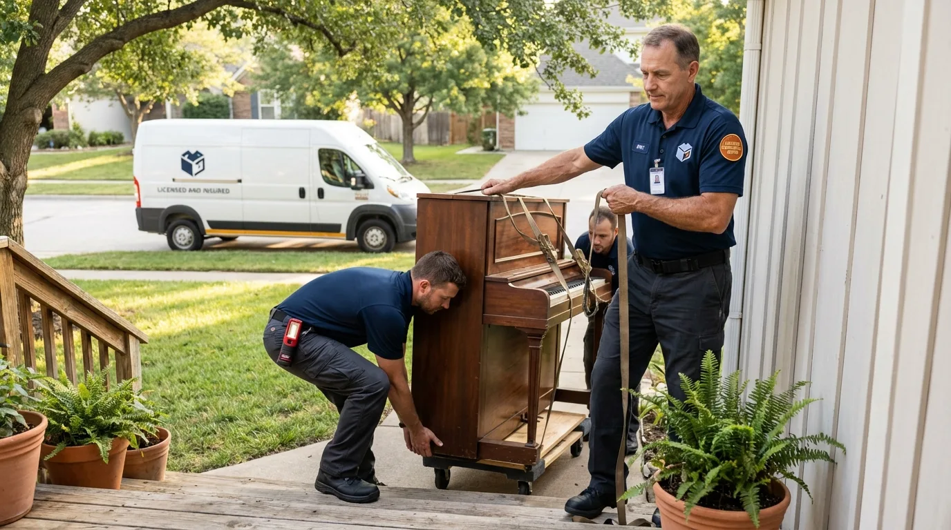 Licensed piano movers securing grand piano in Pleasant Prairie, WI
