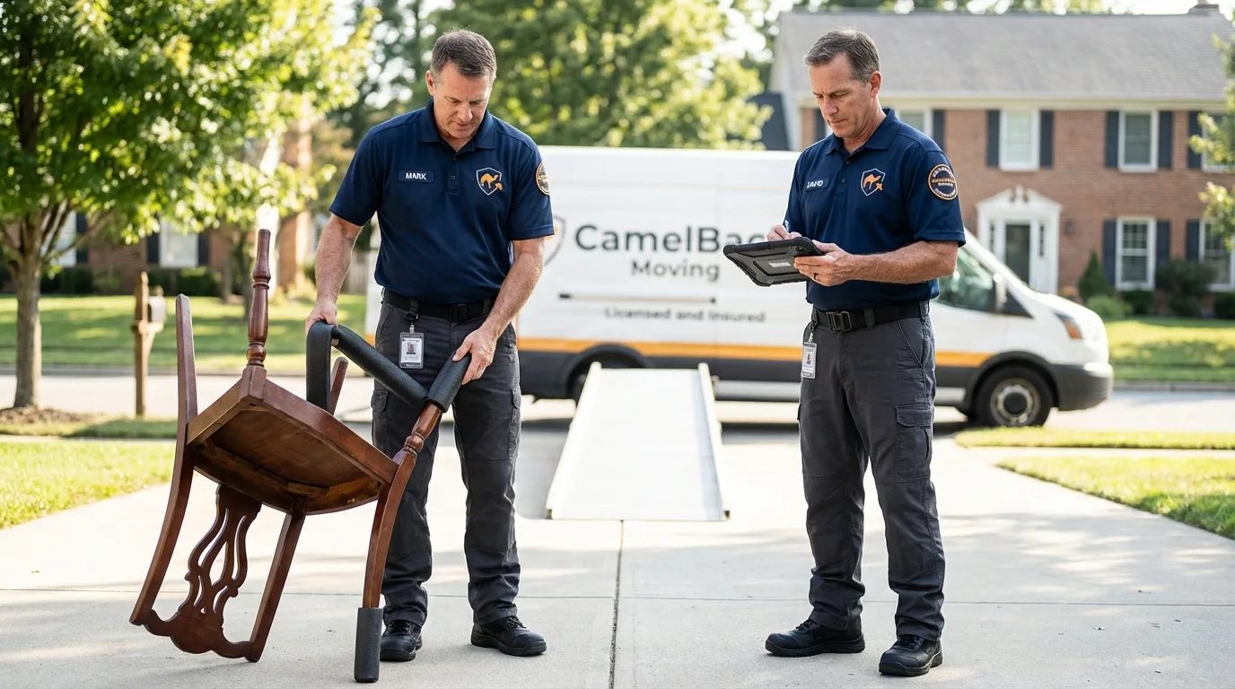 Movers inspecting furniture for damage prevention before loading in Pleasant Prairie, WI