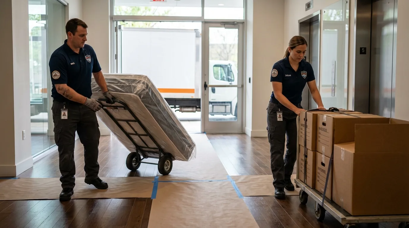 Professional apartment movers loading elevator in Pleasant Prairie, WI